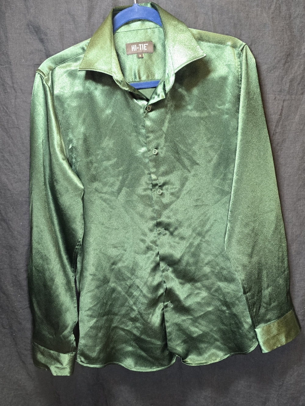 HI-TIE Men's Emerald Green Satin Button Down Long Sleeve Dress Shirt - M - Picture 3 of 7